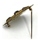 Filigree Brooch Pin - Gold-Tone With Red and Blue Stones