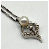 Pearl Marcasite Silver Pendant Necklace