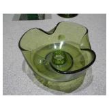 This collection features various vintage green glass items, likely from the Mid-Century Modern (1950s-1970s) or Depression glass (1920s-1940s) eras.