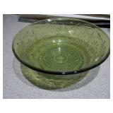This collection features various vintage green glass items, likely from the Mid-Century Modern (1950s-1970s) or Depression glass (1920s-1940s) eras.
