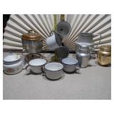 The image displays a collection of vintage enamelware and aluminum kitchen items, primarily used for serving beverages.