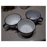 The image displays a collection of vintage enamelware and aluminum kitchen items, primarily used for serving beverages.