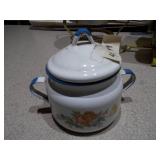 The image displays a collection of vintage enamelware and aluminum kitchen items, primarily used for serving beverages.
