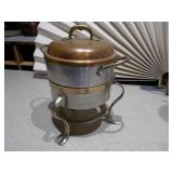 The image displays a collection of vintage enamelware and aluminum kitchen items, primarily used for serving beverages.