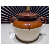This is a vintage McCoy two-tone ceramic bean pot, likely model #342