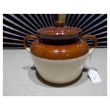 This is a vintage McCoy two-tone ceramic bean pot, likely model #342