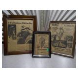 These are framed vintage newspaper clippings or movie lobby cards