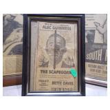 These are framed vintage newspaper clippings or movie lobby cards
