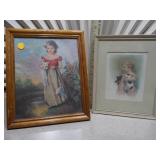 These are vintage prints, with the larger one identified as "Chums" or "A Lass With Her Kitten" by English artist Jane Freeman.