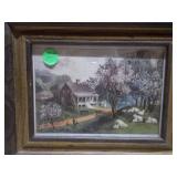 The image displays a collection of assorted framed prints and folk art paintings