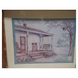 The image displays a collection of assorted framed prints and folk art paintings