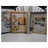 The image displays a collection of framed vintage advertisements