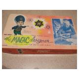 The image features two vintage toys: the Playmobil System Indian Deluxe Set #1102 and a toy called "the MAGIC designer