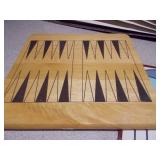 The image displays a collection of vintage board games, including a Parcheesi board and boxes, a backgammon board, and two boxes of HALSAM "Dragon Dominos