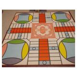 The image displays a collection of vintage board games, including a Parcheesi board and boxes, a backgammon board, and two boxes of HALSAM "Dragon Dominos