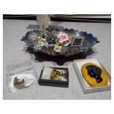 Glass Bowl full of Vintage Jewelry and Bakelite cameo pin