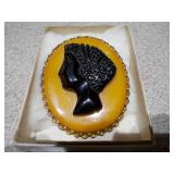 Glass Bowl full of Vintage Jewelry and Bakelite cameo pin