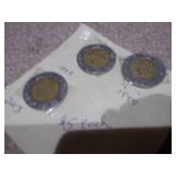 These are Mexican peso coins, specifically a collection of various denominations and years