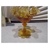 The image displays a collection of vintage amber glass items, including a ruffled compote, a basket dish, a covered candy dish, and a small mug