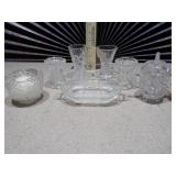 This is a collection of assorted vintage or antique cut and pressed crystal or glass decorative items,
