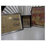 The image displays three framed vintage advertisements and historical newspaper clippings.