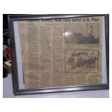 The image displays three framed vintage advertisements and historical newspaper clippings.