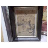 The image displays three framed vintage advertisements and historical newspaper clippings.