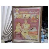 The image displays three framed vintage advertisements and historical newspaper clippings.