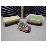 The image features several ceramic planters,