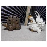 ceramic turtle votive candle holder and a white and gold ceramic rooster figurine.