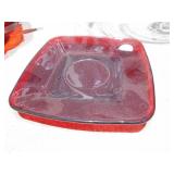 The image displays a collection of ruby red glass collectible items,