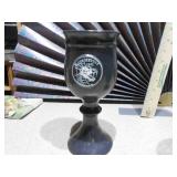 The image displays a collection of vintage pressed glass goblets and a compote dish.