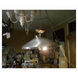 This is a vintage 1950s metal hanging pendant light with a wide scalloped hood