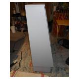 This is a vintage industrial steel mobile display cabinet