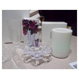 This vintage crystal set appears to be a Mikasa serving platter with matching candle holders