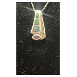 Sterling silver fire opal, diamond, and amethyst pendant and chain,