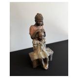 Wooden Folk Art Sculpture - Two Girls on Bench Hair Braiding, Hand-Painted