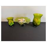 Green Glass Centerpiece Set - 3-Piece Vases with Scalloped Pedestal Bowl