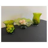 Green Glass Centerpiece Set - 3-Piece Vases with Scalloped Pedestal Bowl