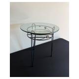 Round Glass Top Side Table - Blue Metal Frame with Circular Ring Design