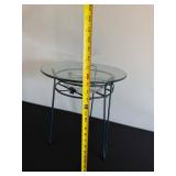 Round Glass Top Side Table - Blue Metal Frame with Circular Ring Design