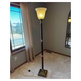 Floor Lamp - Dark Wood Column with Brass Accents & Speckled Frosted Glass Shade