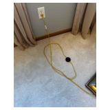 Floor Lamp - Dark Wood Column with Brass Accents & Speckled Frosted Glass Shade