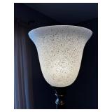 Floor Lamp - Dark Wood Column with Brass Accents & Speckled Frosted Glass Shade