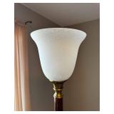 Floor Lamp - Dark Wood Column with Brass Accents & Speckled Frosted Glass Shade