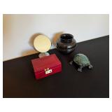 Red Jewelry Box, Round Vanity Mirror, Black Vase, Green Turtle Figurine