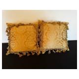 Pair of Gold Damask Tassel-Trim Throw Pillows