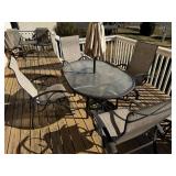 Patio Table Set - Round Glass Top Table With Umbrella & 5 Beige Mesh Chairs