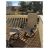 Patio Table Set - Round Glass Top Table With Umbrella & 5 Beige Mesh Chairs
