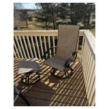 Patio Table Set - Round Glass Top Table With Umbrella & 5 Beige Mesh Chairs